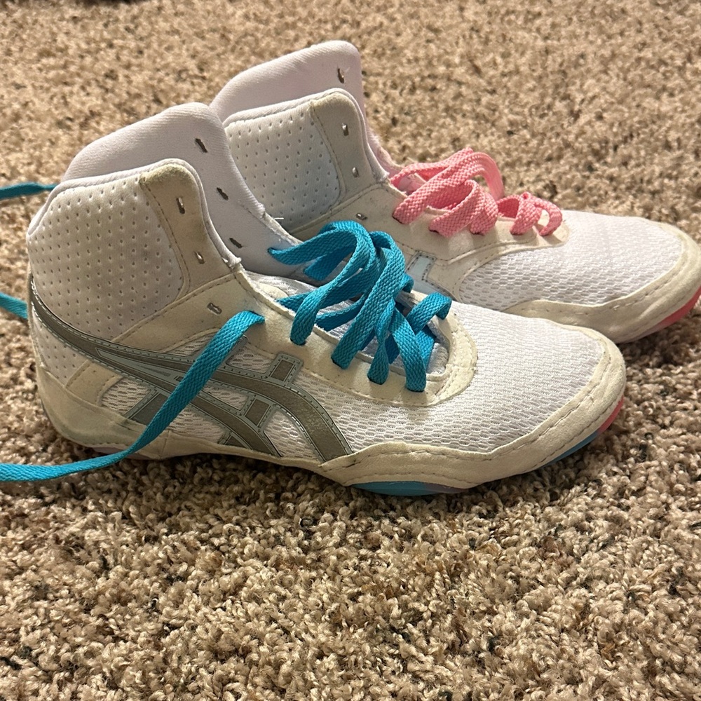 ASICS Mat Blazer Wrestling Shoes - White with Blue and Pink Accents